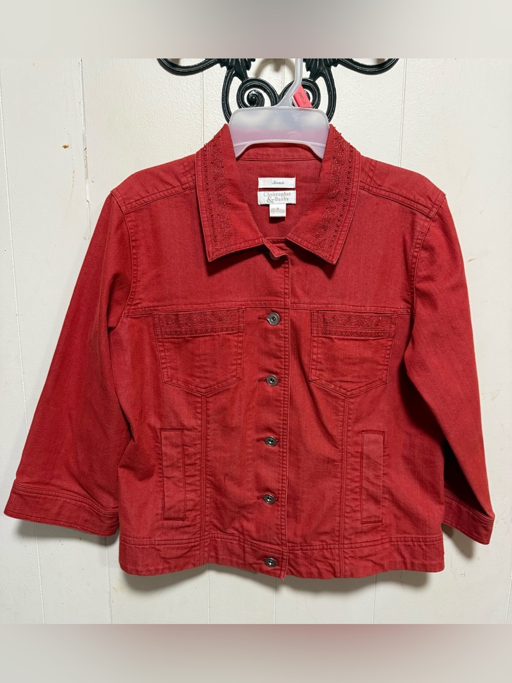 Christopher & Banks Red Embroidered Denim Shirt Jacket